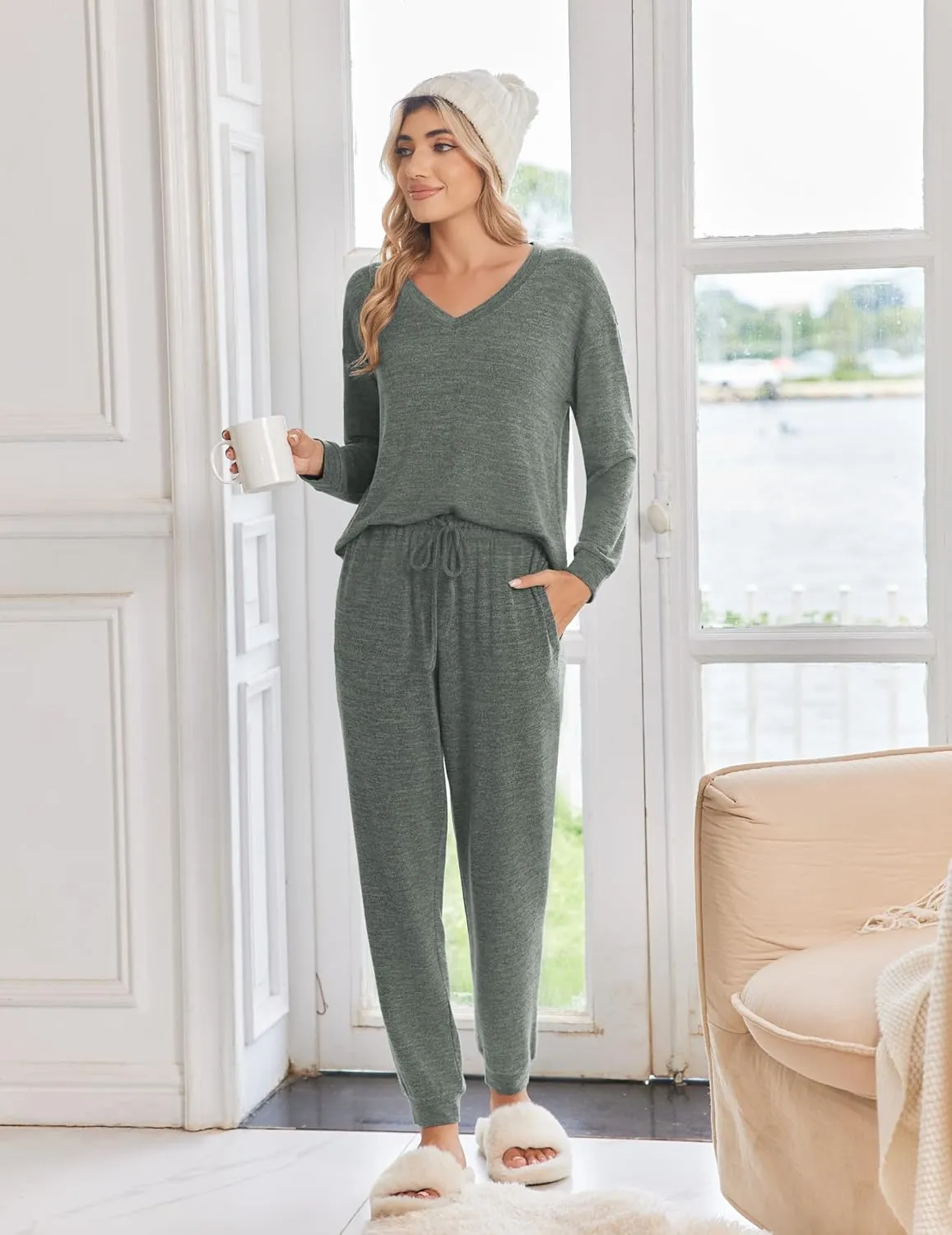 Jogger Pajama Sets Long Sleeve Top and Pants Lounge Sets sold by Ekouaer