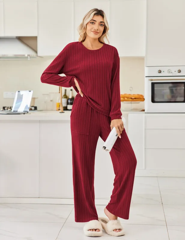 Ribbed Knit Pajama Sets 2 Piece Long Sleeve Pjs Soft Outfits sold by Ekouaer