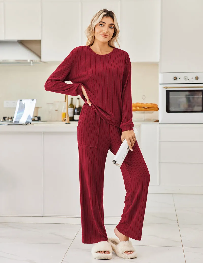 Ribbed Knit Pajama Sets 2 Piece Long Sleeve Pjs Soft Outfits sold by Ekouaer