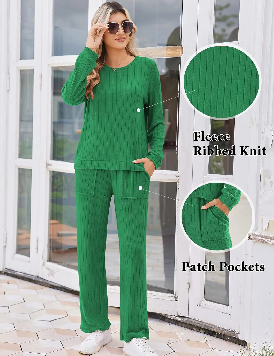 Ribbed Knit Pajama Sets 2 Piece Long Sleeve Pjs Soft Outfits sold by Ekouaer product image thumbnail 4