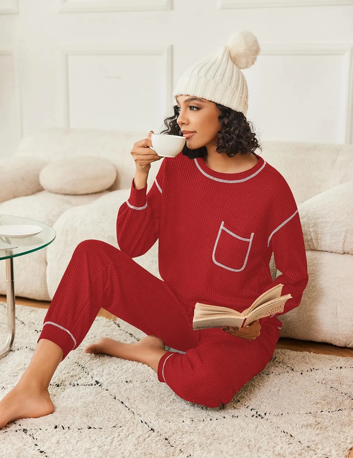 Pajamas Set Waffle Knit Long Sleeve Lounge Set sold by Ekouaer product image thumbnail 3