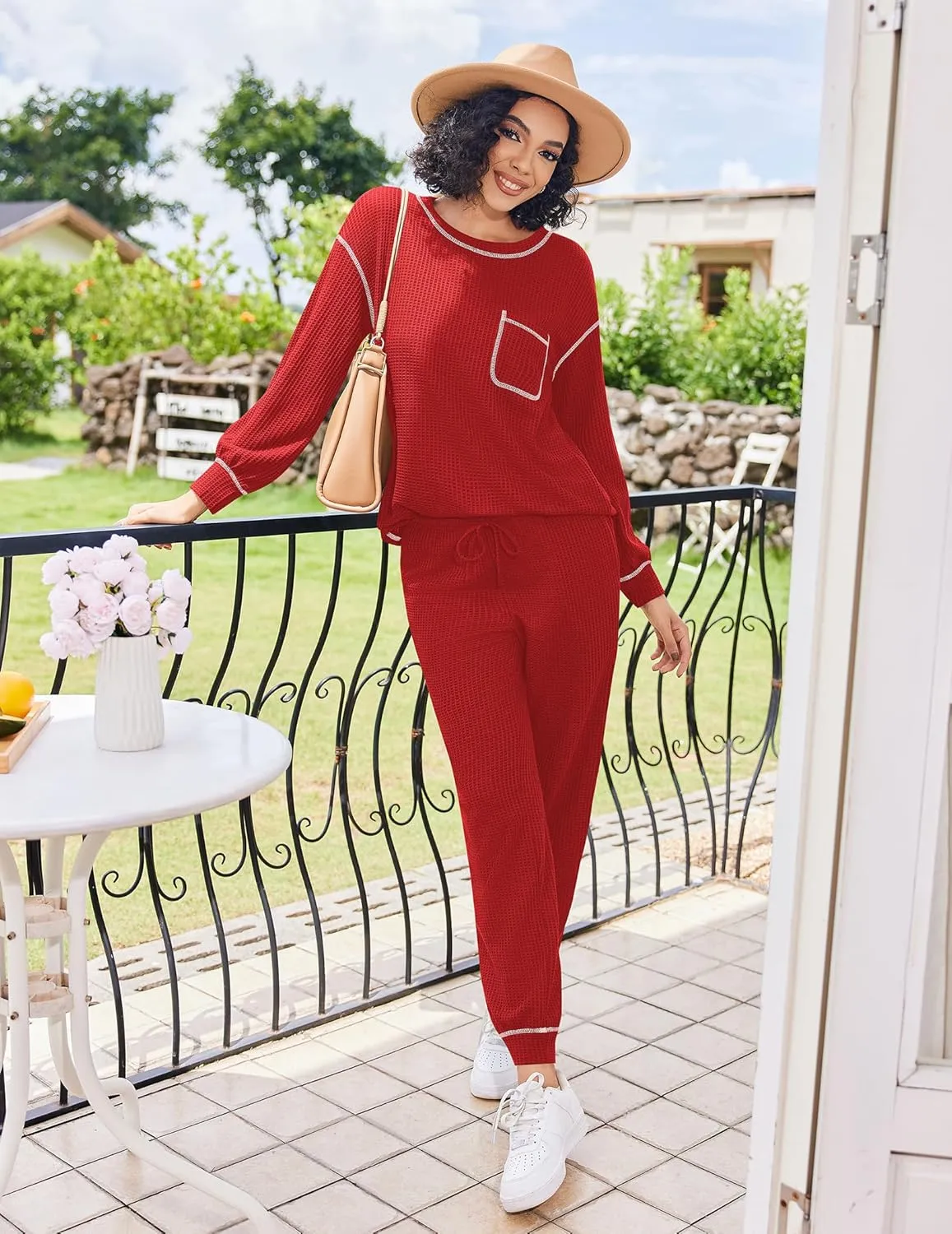 Pajamas Set Waffle Knit Long Sleeve Lounge Set sold by Ekouaer product image thumbnail 4