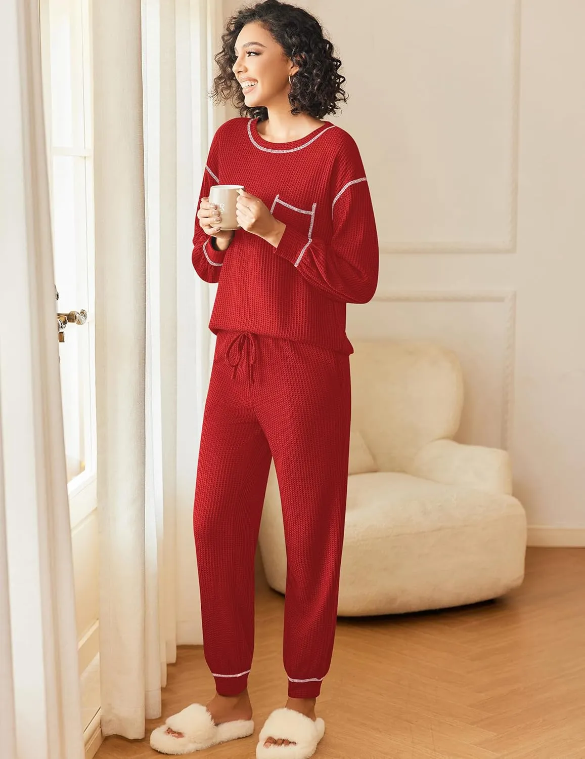 Pajamas Set Waffle Knit Long Sleeve Lounge Set sold by Ekouaer