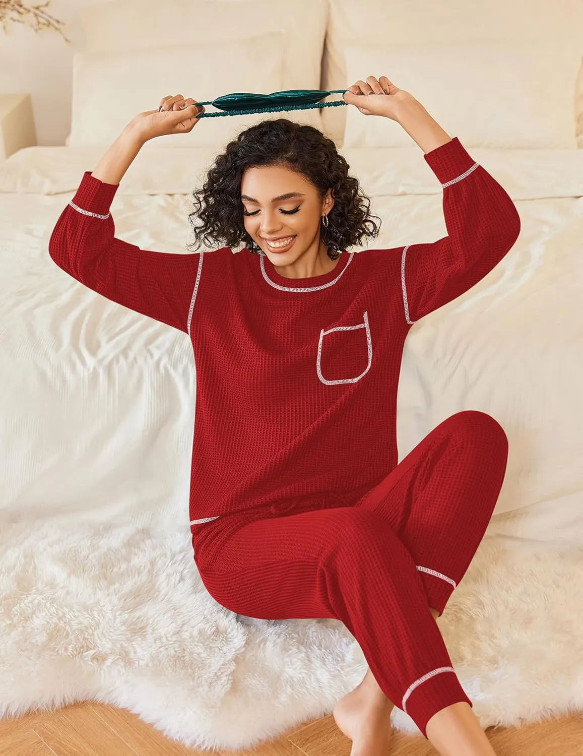 Pajamas Set Waffle Knit Long Sleeve Lounge Set sold by Ekouaer product image thumbnail 2