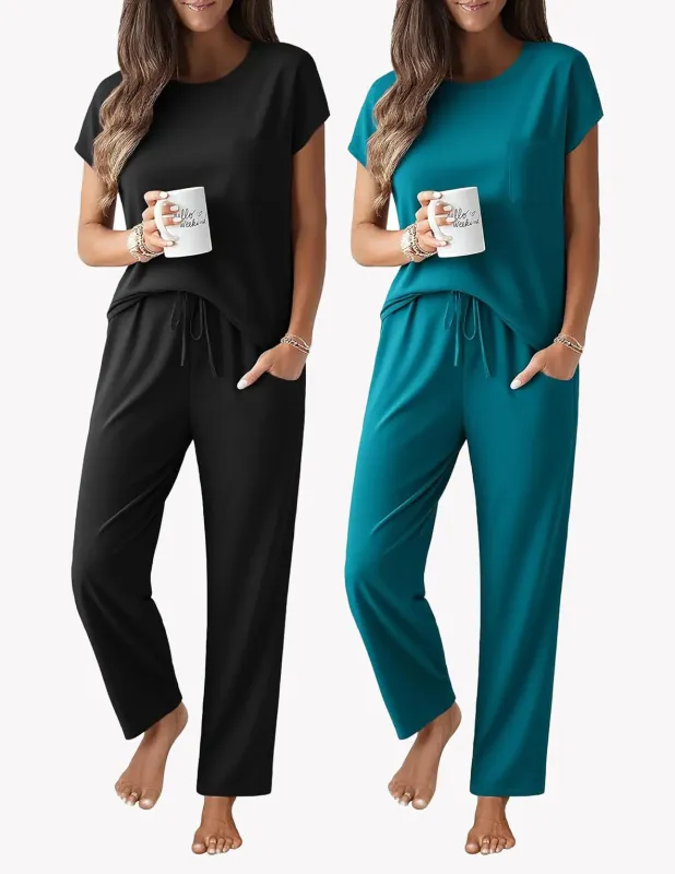 2 Packs Cap Sleeve Top and Pants Soft Comfy Pjs Set sold by Ekouaer