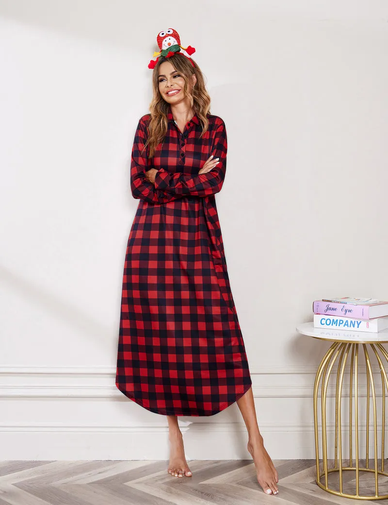 Long Sleeve Full Length Plaid Sleepwear With Pockets sold by Ekouaer product image thumbnail 3