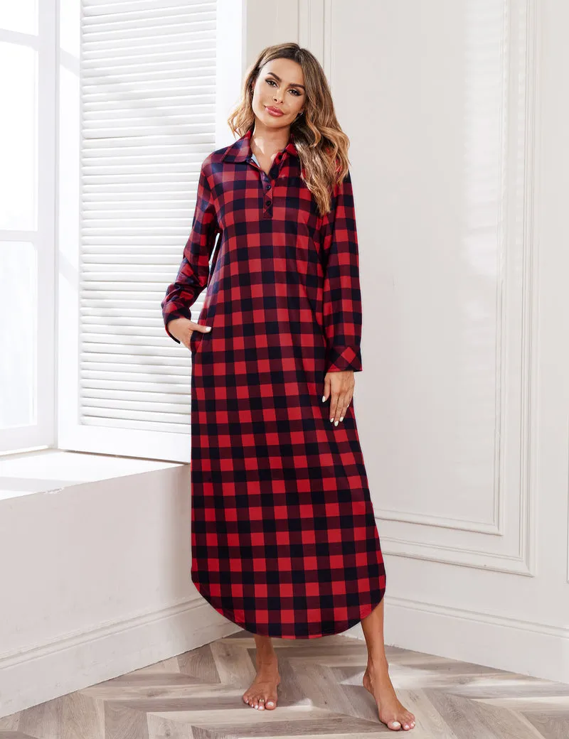 Long Sleeve Full Length Plaid Sleepwear With Pockets sold by Ekouaer product image thumbnail 2