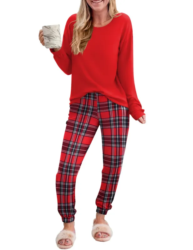 2 Piece Plaid Pjs Long Sleeve Lounge Sets made by Ekouaer