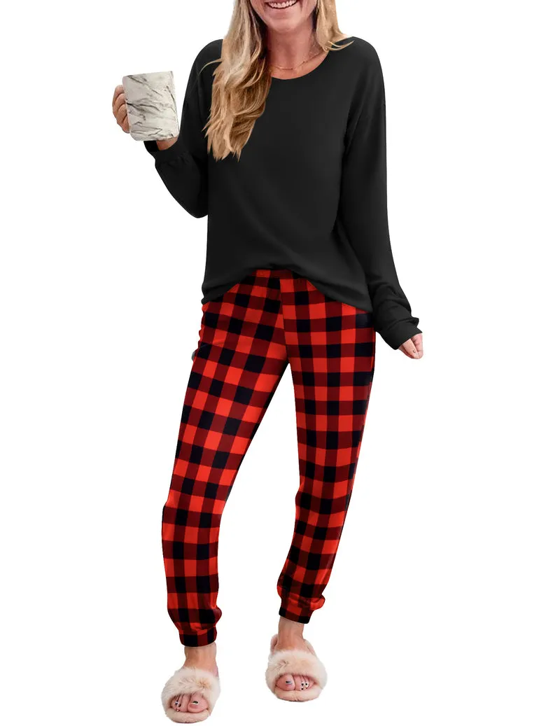 2 Piece Plaid Pjs Long Sleeve Lounge Sets sold by Ekouaer product image thumbnail 3