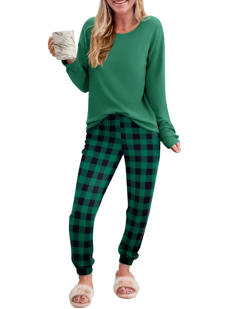 2 Piece Plaid Pjs Long Sleeve Lounge Sets sold by Ekouaer product image thumbnail 4