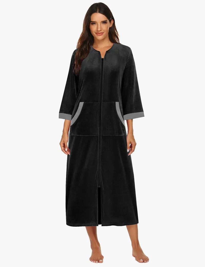 Velour Zipper Robe 3/4 Sleeves Housecoat with Pockets sold by Ekouaer product image thumbnail 3