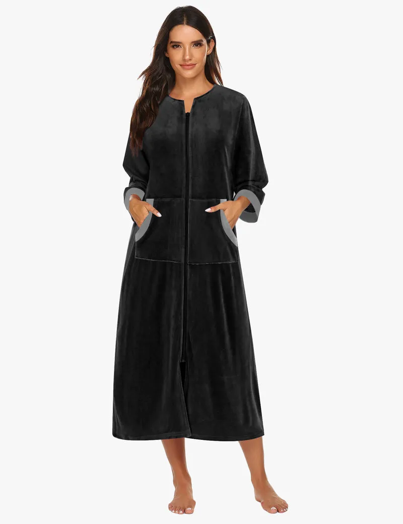 Velour Zipper Robe 3/4 Sleeves Housecoat with Pockets sold by Ekouaer