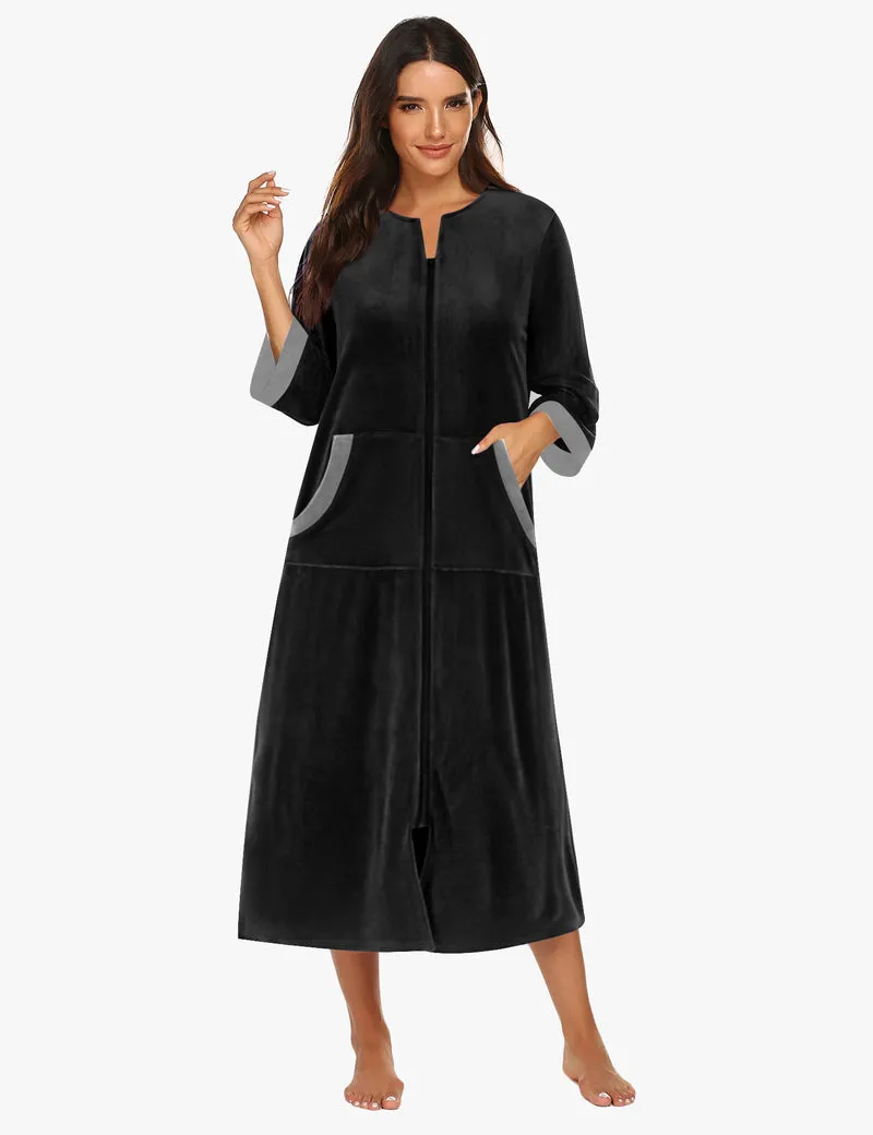 Velour Zipper Robe 3/4 Sleeves Housecoat with Pockets sold by Ekouaer product image thumbnail 2