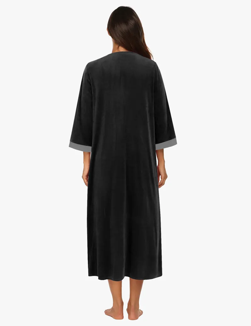 Velour Zipper Robe 3/4 Sleeves Housecoat with Pockets sold by Ekouaer product image thumbnail 4