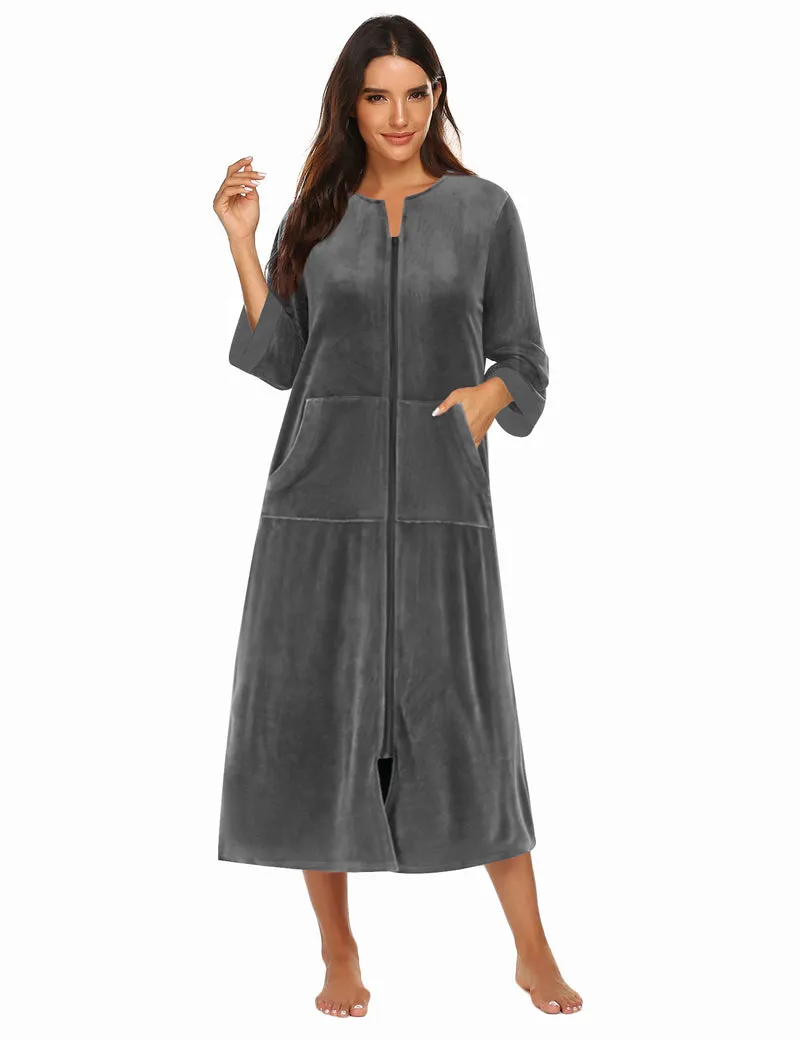 Velour Zipper Robe 3/4 Sleeves Housecoat with Pockets sold by Ekouaer product image thumbnail 5