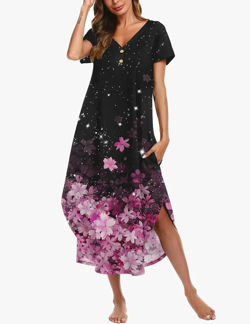 Long Nightgowns Button Short Sleeve Sleep Shirts sold by Ekouaer product image thumbnail 3