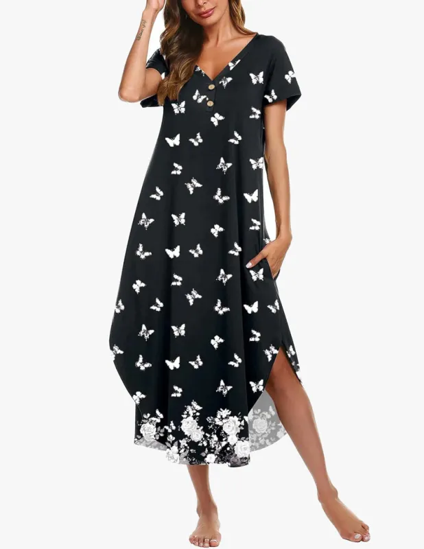 Long Nightgowns Button Short Sleeve Sleep Shirts sold by Ekouaer