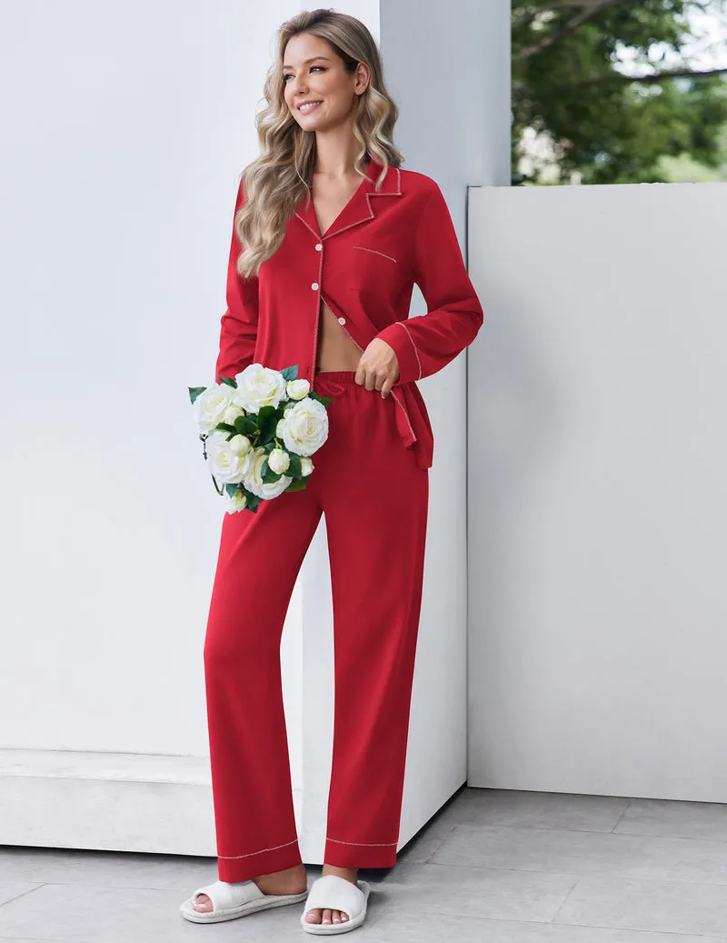 Cotton PJs Long Sleeve Button Down 2 Piece Lounge Set sold by Ekouaer product image thumbnail 2