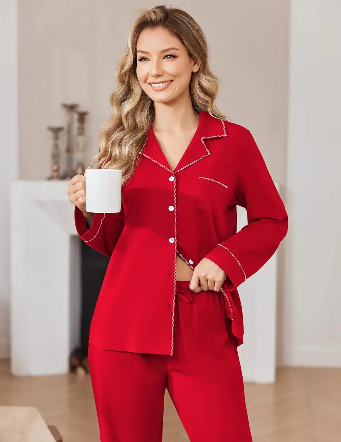Cotton PJs Long Sleeve Button Down 2 Piece Lounge Set sold by Ekouaer product image thumbnail 3
