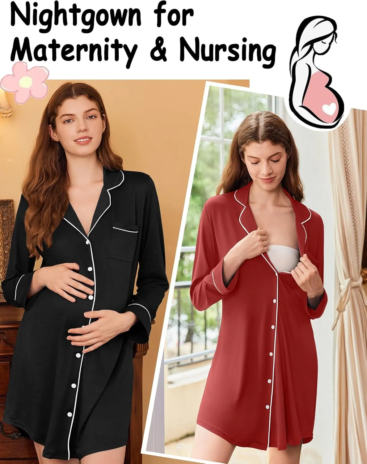 Ekouaer 2 Pack Long Sleeve Sleep Dress sold by Ekouaer product image thumbnail 5