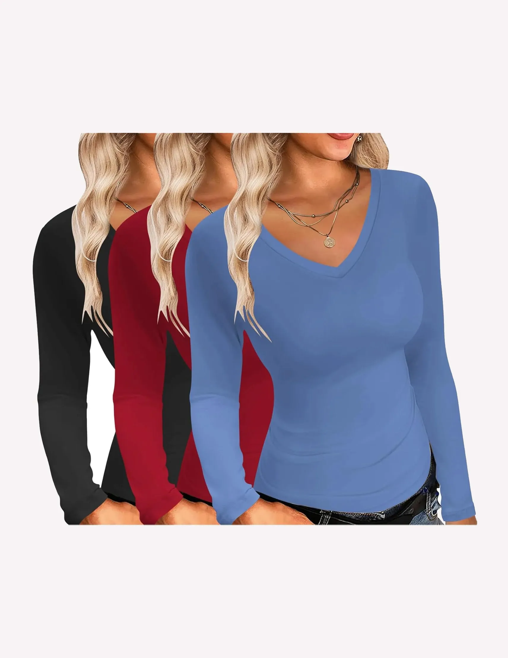 3 Pack Long Sleeve Shirts V Neck Slim Fit Layer Tops sold by Ekouaer product image thumbnail 2