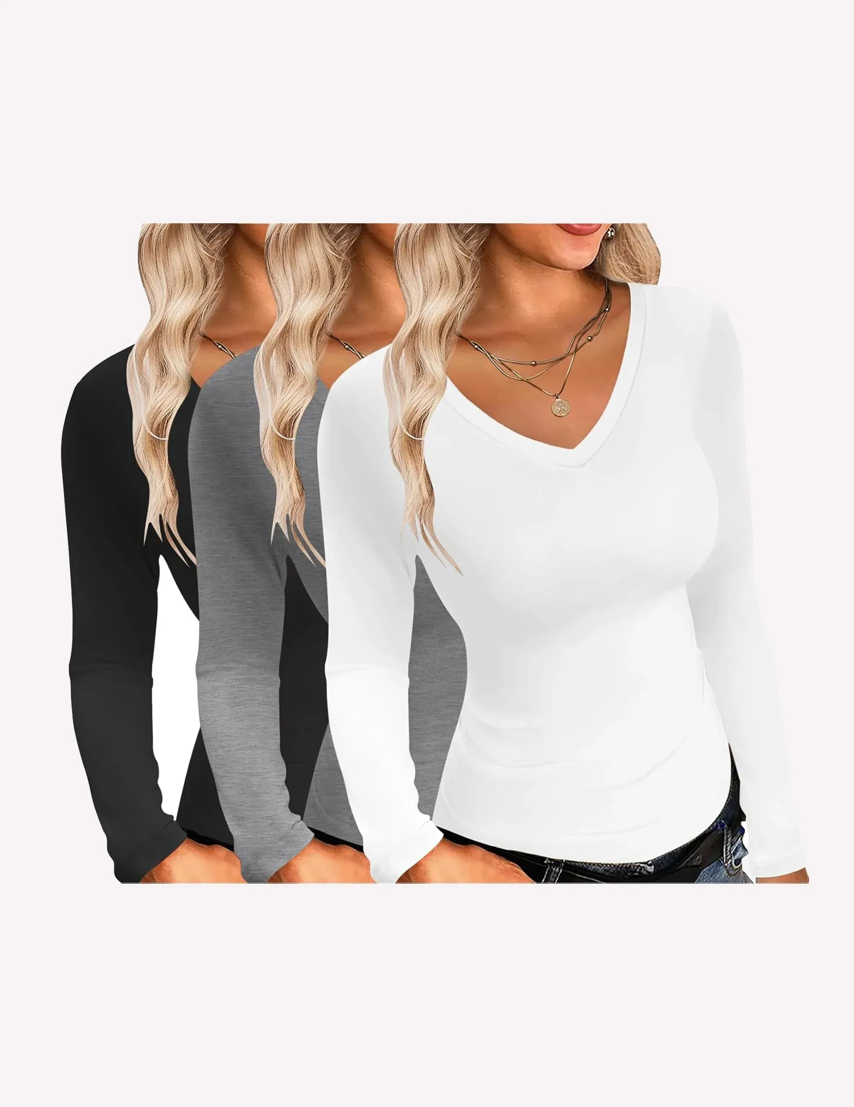 3 Pack Long Sleeve Shirts V Neck Slim Fit Layer Tops sold by Ekouaer