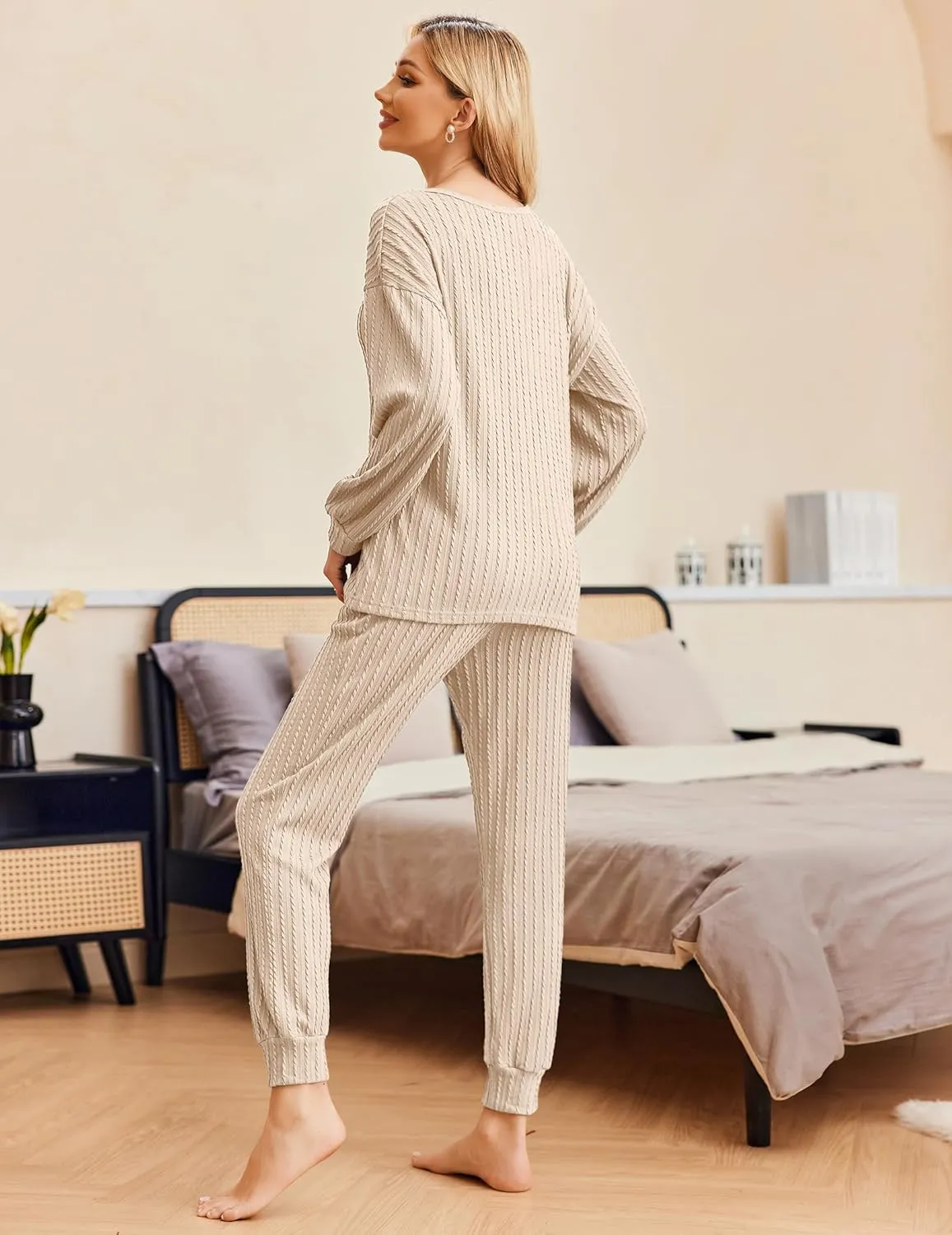 Ribbed Knit Long Sleeve Pullover Top Jogger Pants Set sold by Ekouaer product image thumbnail 3
