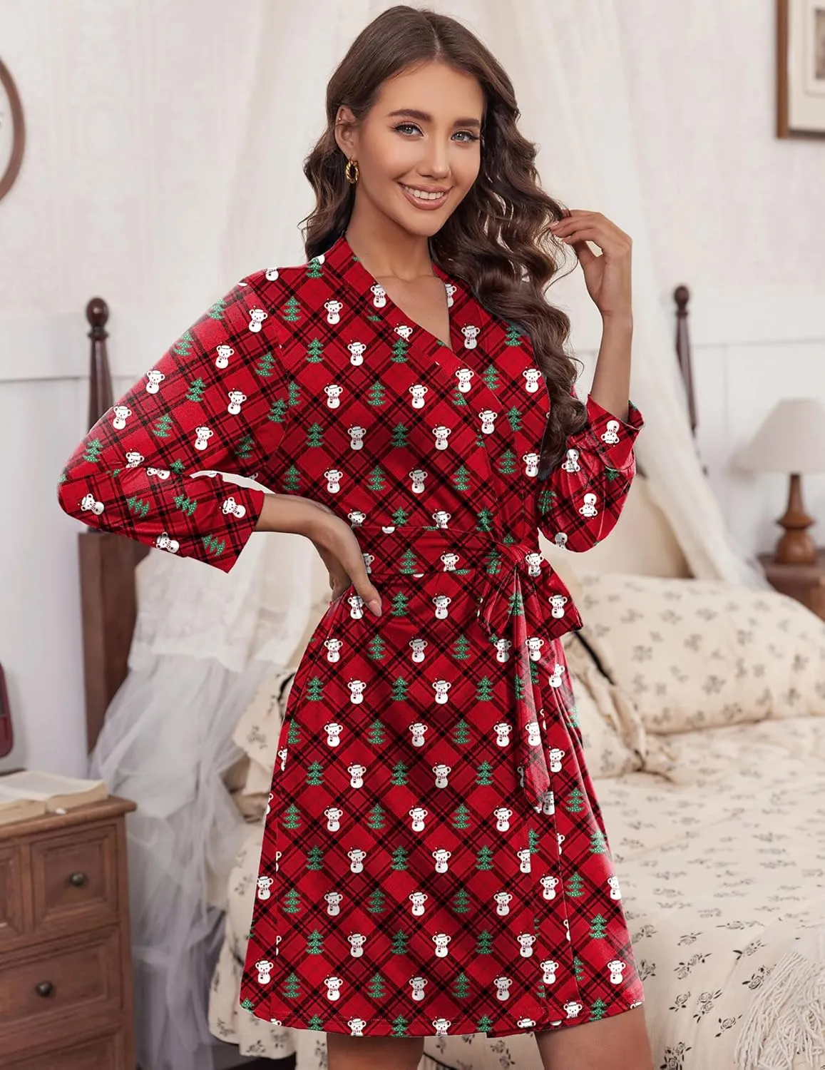 3/4 Sleeve Knit Bathrobe Soft Knee Length Robes sold by Ekouaer product image thumbnail 2