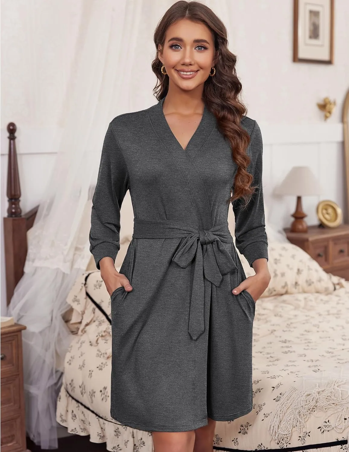 3/4 Sleeve Knit Bathrobe Soft Knee Length Robes sold by Ekouaer product image thumbnail 5