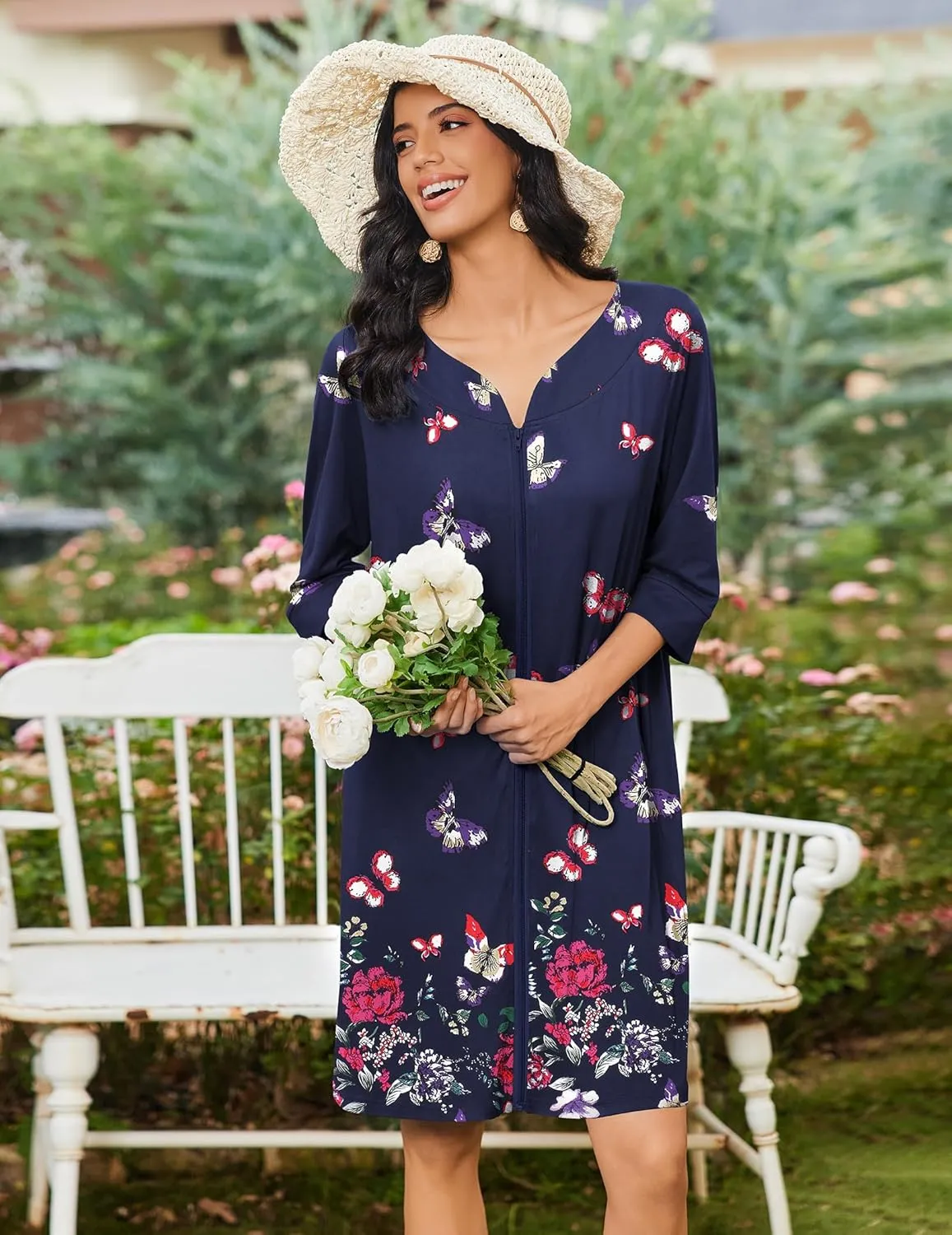 Zipper Robes 3/4 Sleeves Soft Nightgowns sold by Ekouaer product image thumbnail 5