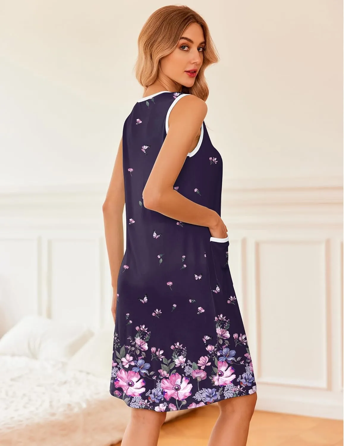 Button Down Sleep Shirts Tank Sleeveless Nightshirt sold by Ekouaer product image thumbnail 5