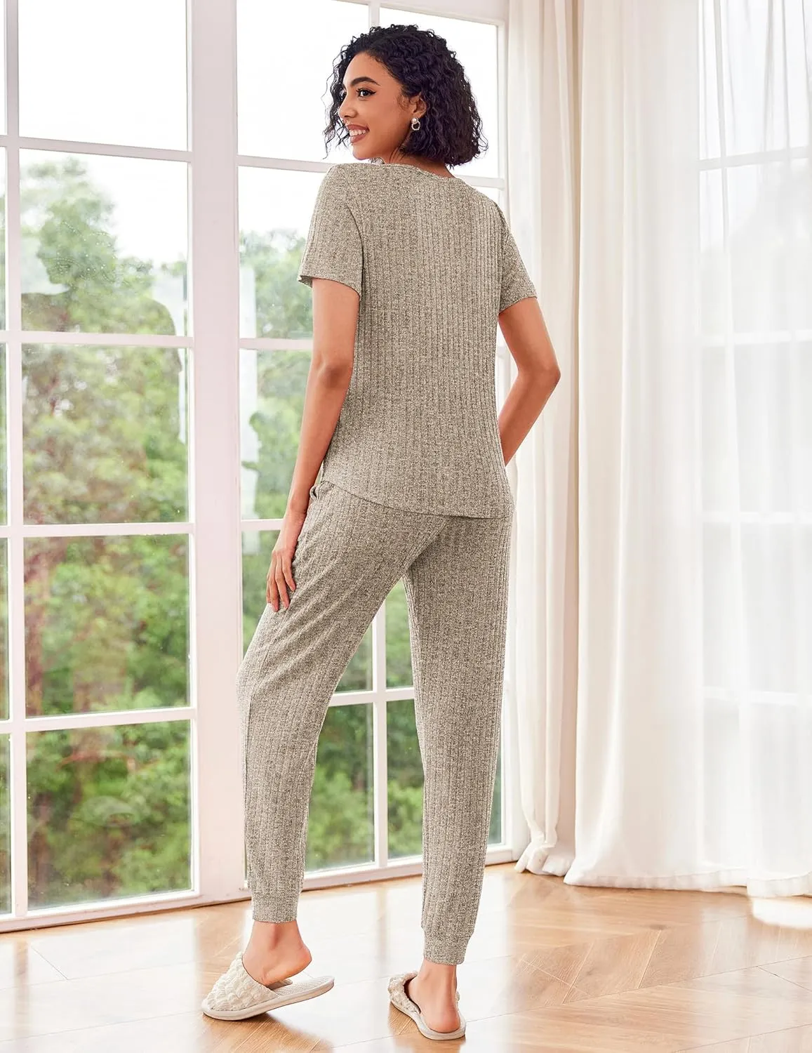 Rib Knit Lounge Set Jogger Pants 2 Piece Outfits Set sold by Ekouaer product image thumbnail 4