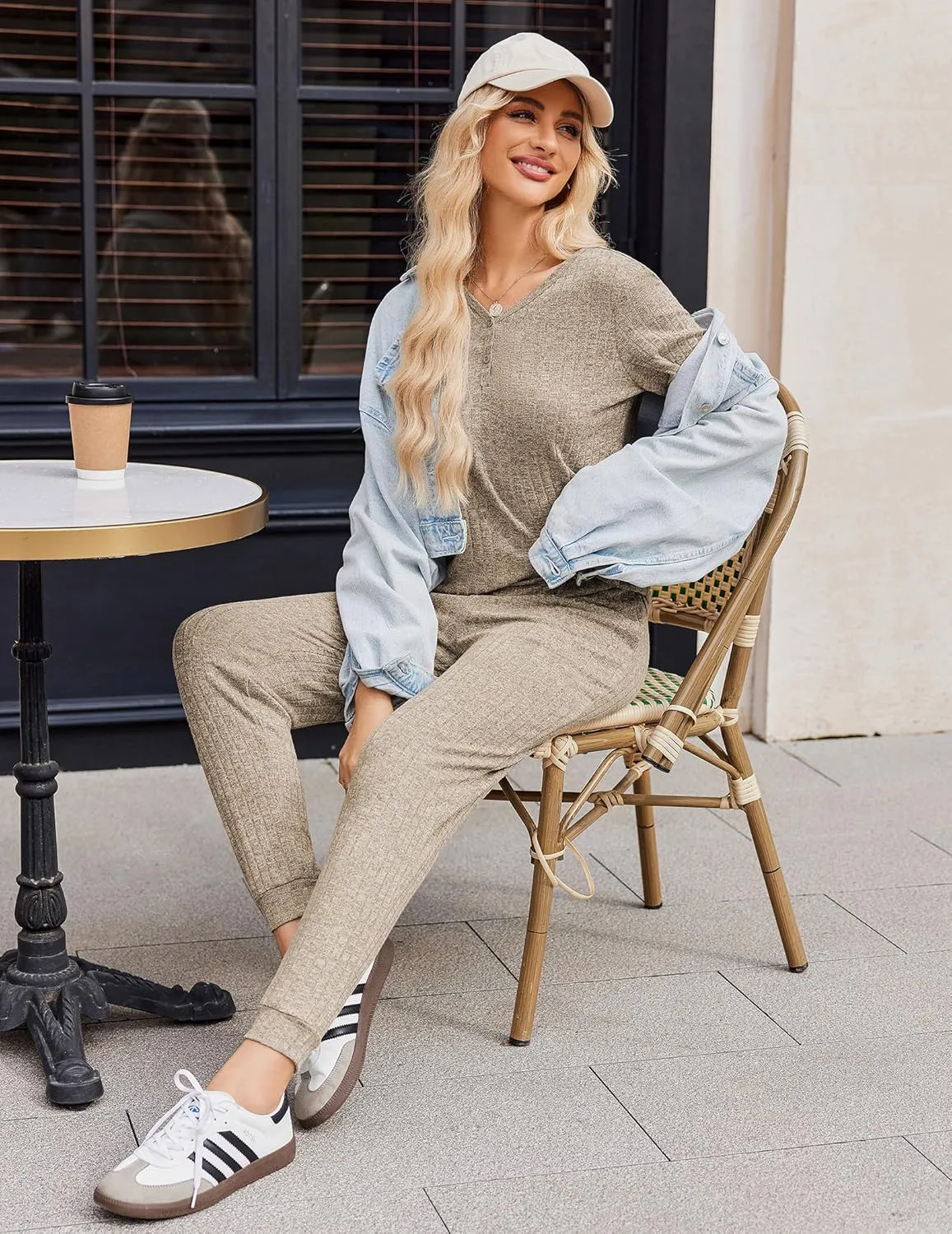 Rib Knit Lounge Set Jogger Pants 2 Piece Outfits Set sold by Ekouaer product image thumbnail 5