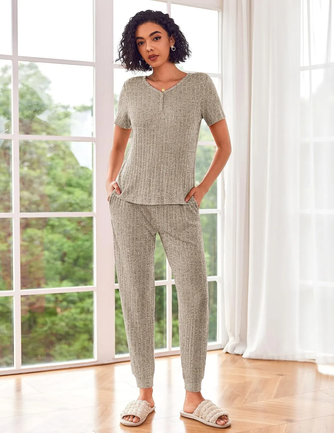 Rib Knit Lounge Set Jogger Pants 2 Piece Outfits Set sold by Ekouaer product image thumbnail 2