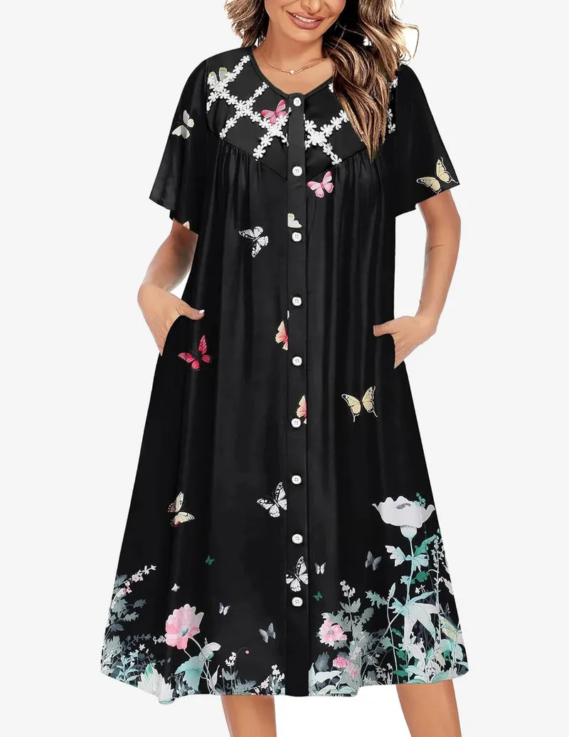 Button Down Nightgown Housecoat with pockets sold by Ekouaer product image thumbnail 4