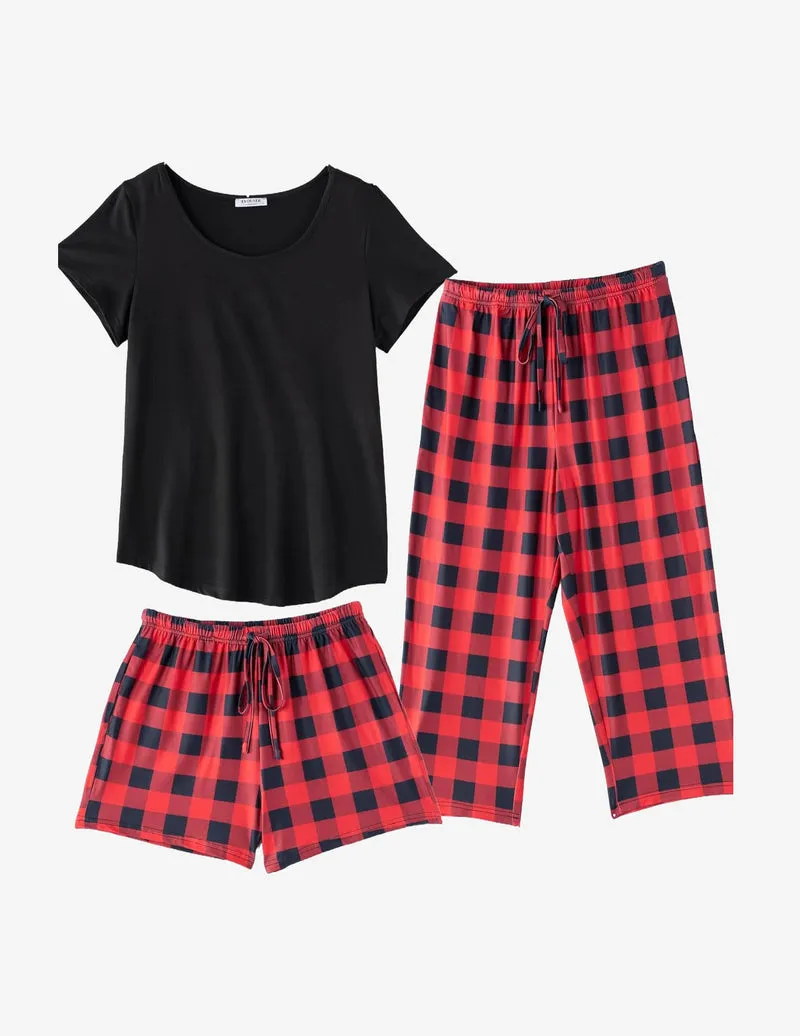3 PCS Capri Pajamas Set Short Sleeve Floral Pajama Sets sold by Ekouaer product image thumbnail 3