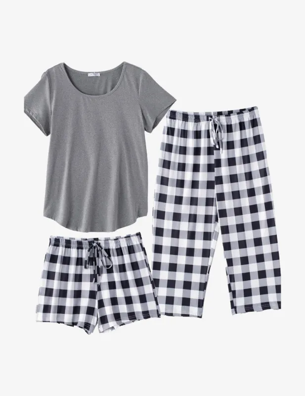 3 PCS Capri Pajamas Set Short Sleeve Floral Pajama Sets made by Ekouaer