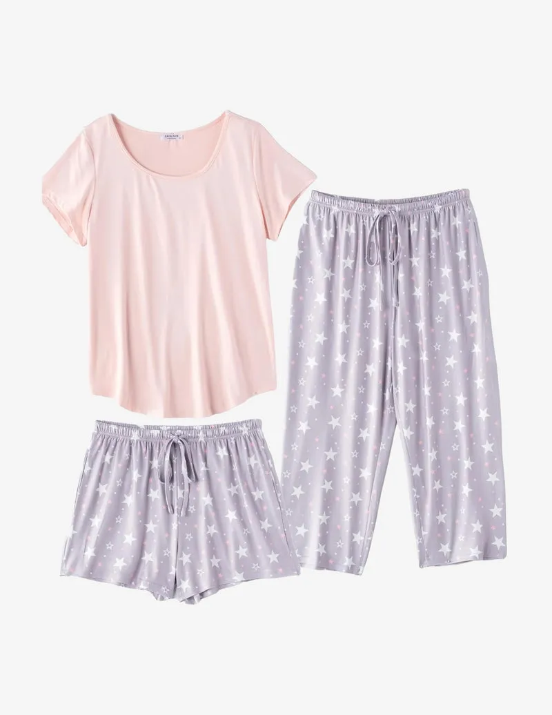 3 PCS Capri Pajamas Set Short Sleeve Floral Pajama Sets sold by Ekouaer product image thumbnail 2