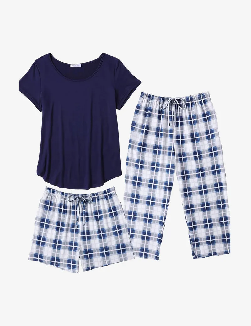 3 PCS Capri Pajamas Set Short Sleeve Floral Pajama Sets sold by Ekouaer product image thumbnail 4
