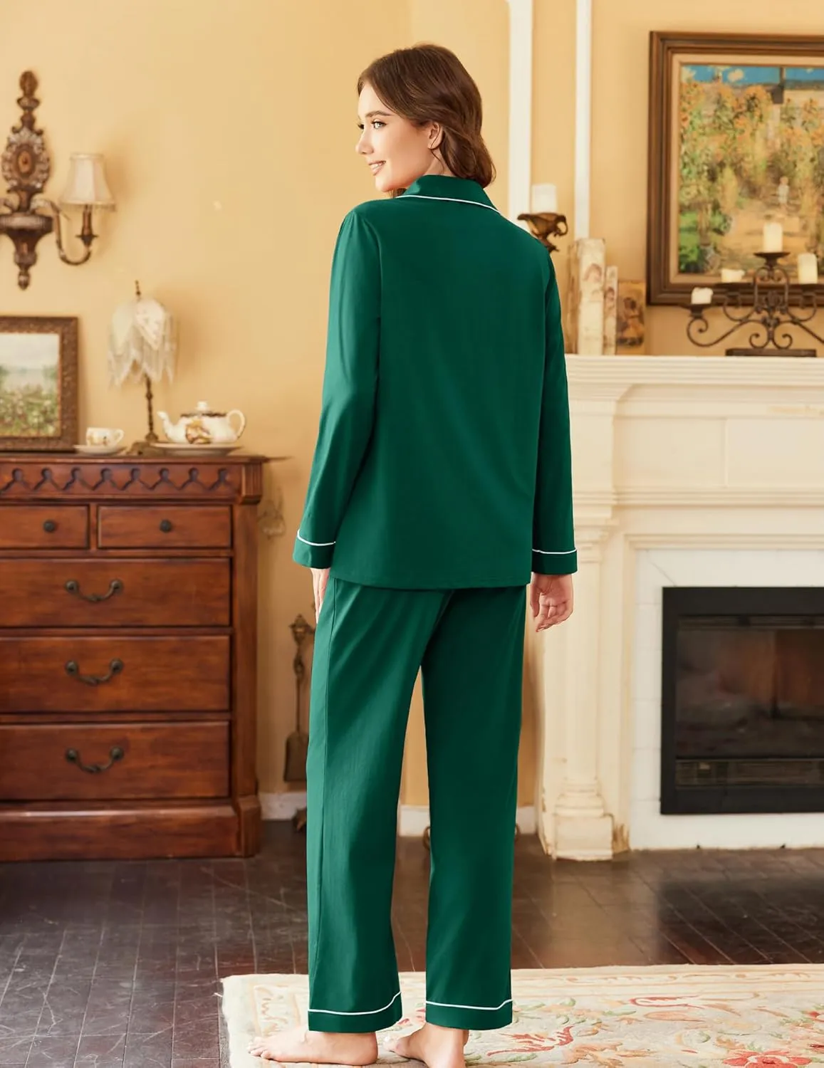 Pajamas Set Cotton Long Sleeve Button Down Sleepwear sold by Ekouaer product image thumbnail 2