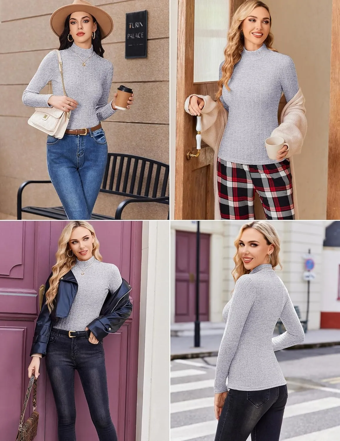 Mock Turtleneck Long Sleeve Shirts Ribbed Tops sold by Ekouaer product image thumbnail 2