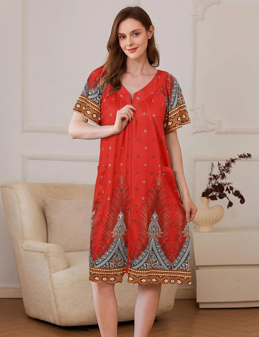 Robe Zipper Front Mumu Duster Robes Zip Up Housecoat sold by Ekouaer product image thumbnail 5