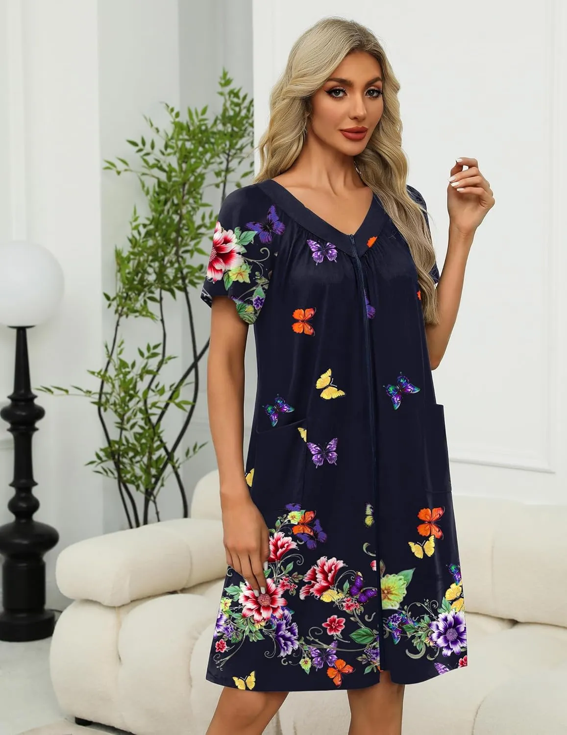 Robe Zipper Front Mumu Duster Robes Zip Up Housecoat sold by Ekouaer product image thumbnail 3