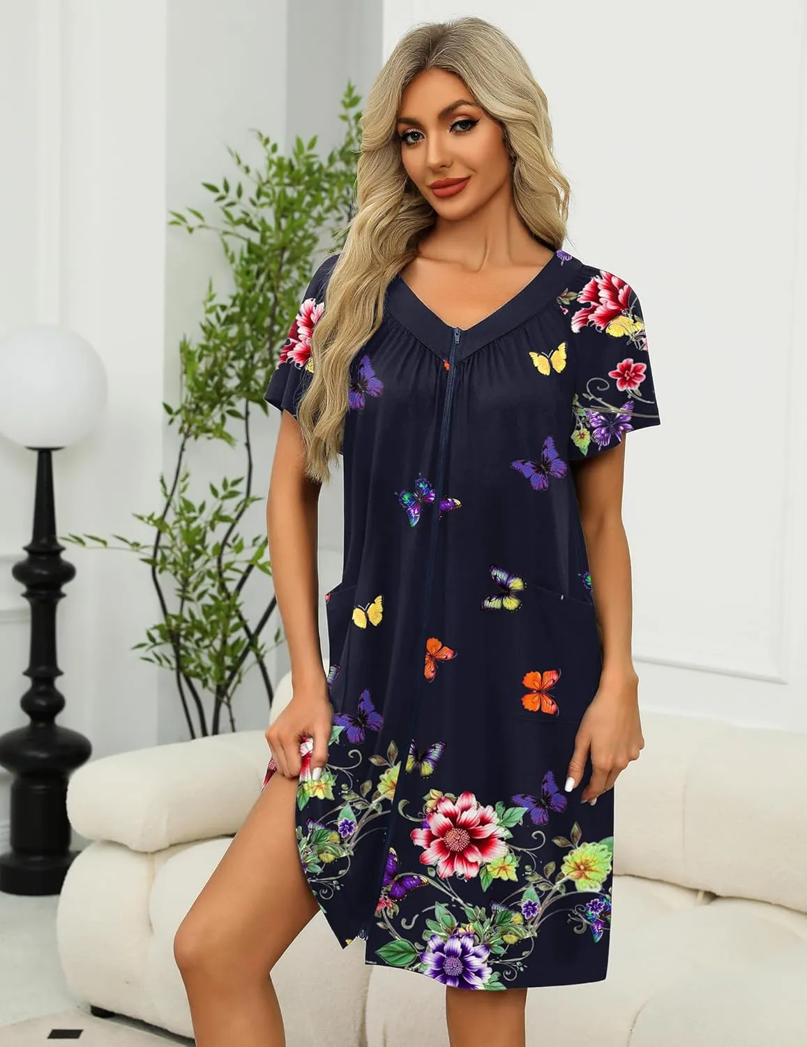 Robe Zipper Front Mumu Duster Robes Zip Up Housecoat sold by Ekouaer product image thumbnail 2