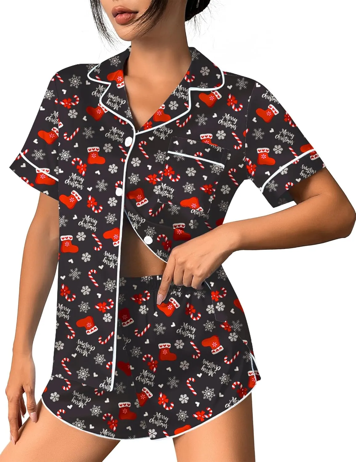 Ekouaer Silk Satin Pajama Set Print Button Down Pjs Shorts Set sold by Ekouaer product image thumbnail 2
