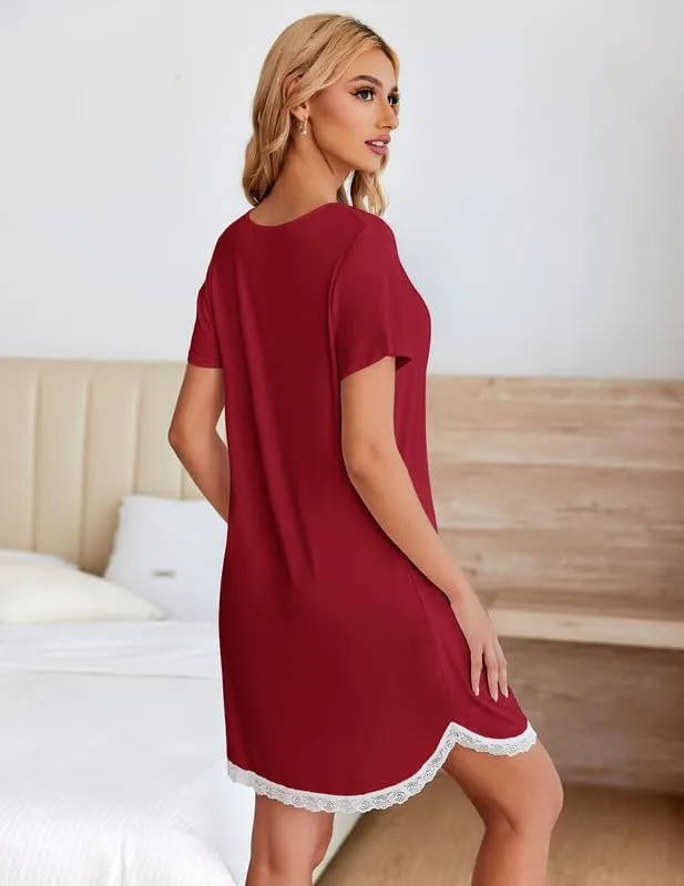 Ekouaer Nightgown Soft Short Sleeve Lace Trim Pajama Dress sold by Ekouaer product image thumbnail 3