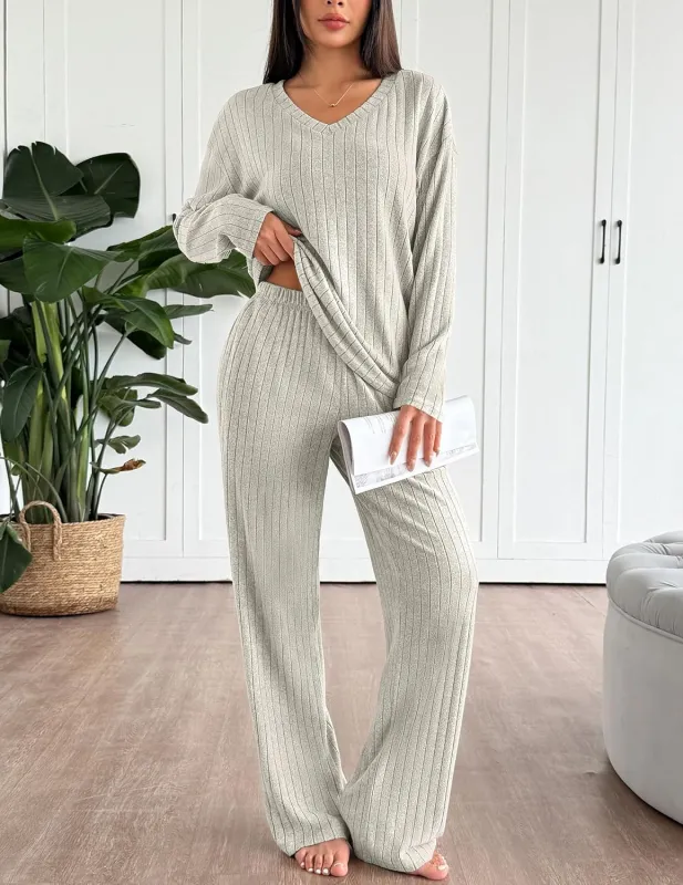 Ekouaer Lounge Sets Long Sleeve Knit Ribbed Pajama Sets sold by Ekouaer