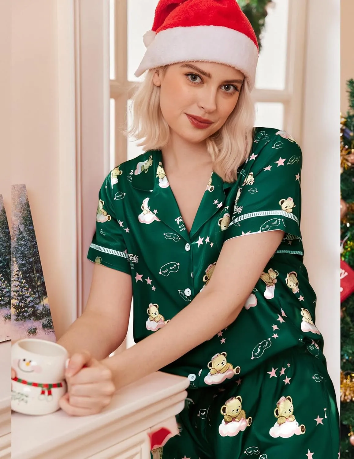 Silk Pajama Sets Button Up Satin Pjs 2 Piece Sets sold by Ekouaer product image thumbnail 3