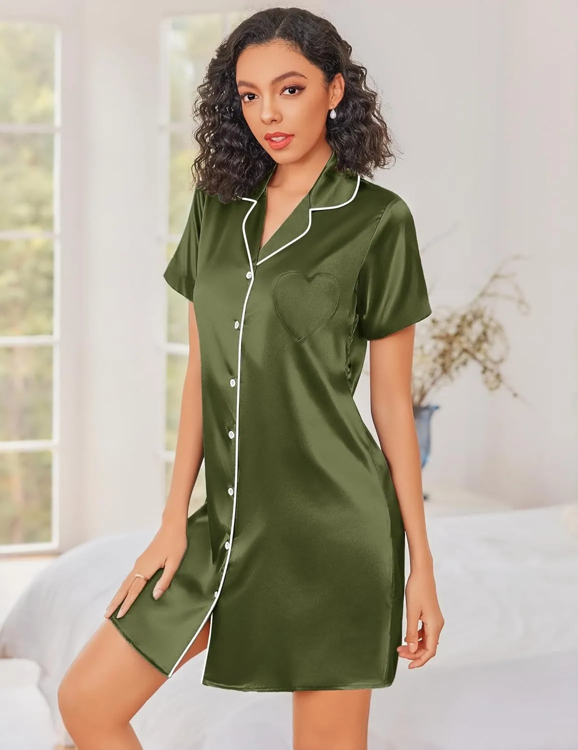 Silk Nightgowns Button Down Nightshirts sold by Ekouaer product image thumbnail 5