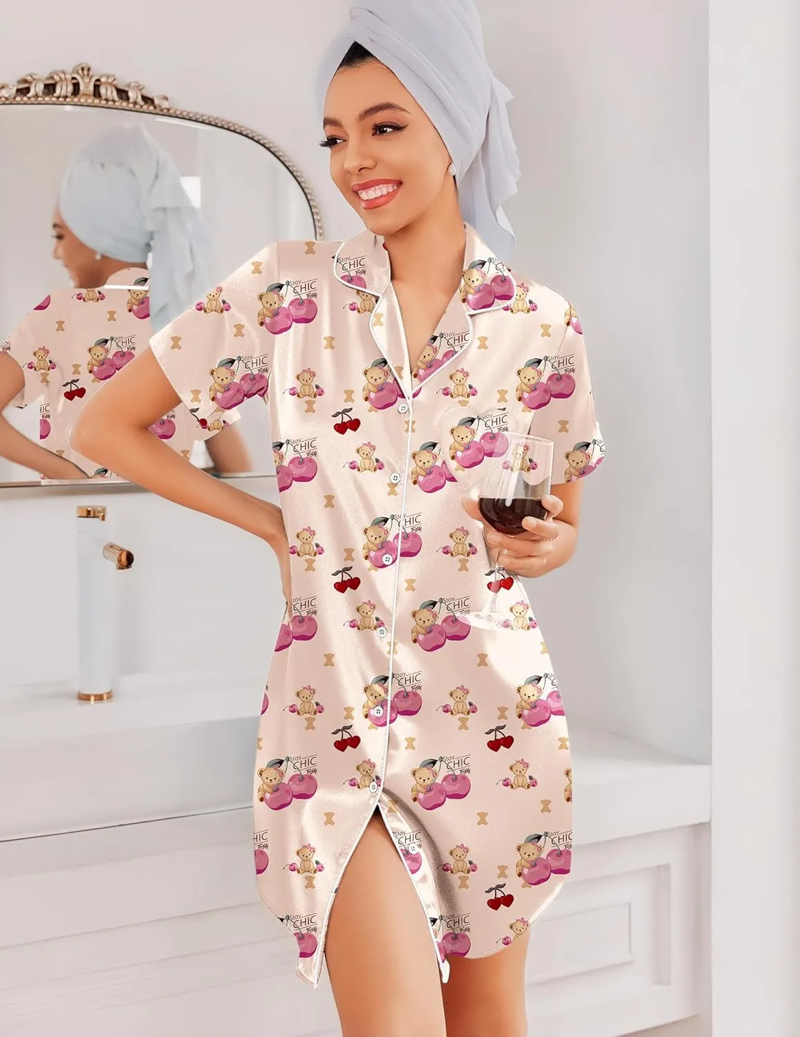 Silk Nightgowns Button Down Nightshirts sold by Ekouaer product image thumbnail 3